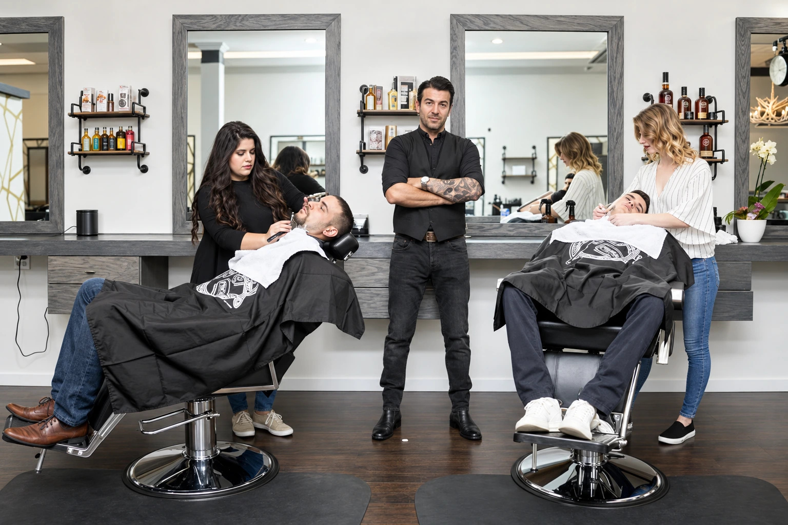 Two stylists shaving clients while a barber stands between the chairs inside Milton Salon and Barber Shop, Alpharetta