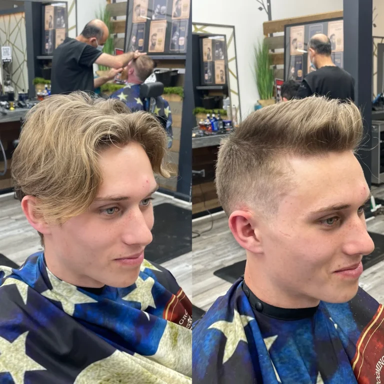 Before and after: long blond hair, then a quiff over a skin fade