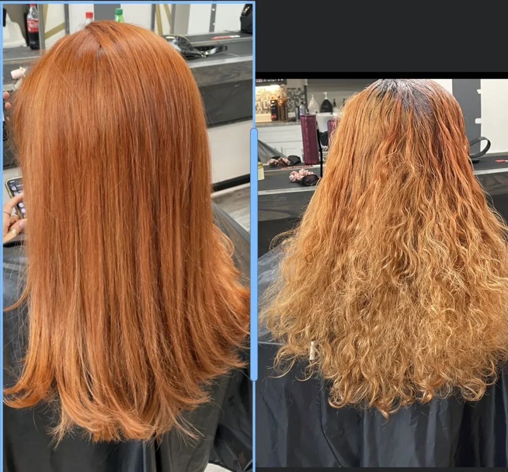 Before and after: long copper-coloured hair curly, then blow-dried straight