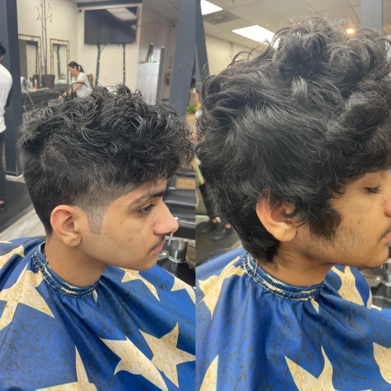 Before and after: grown-out curls on the right, a burst fade on the left