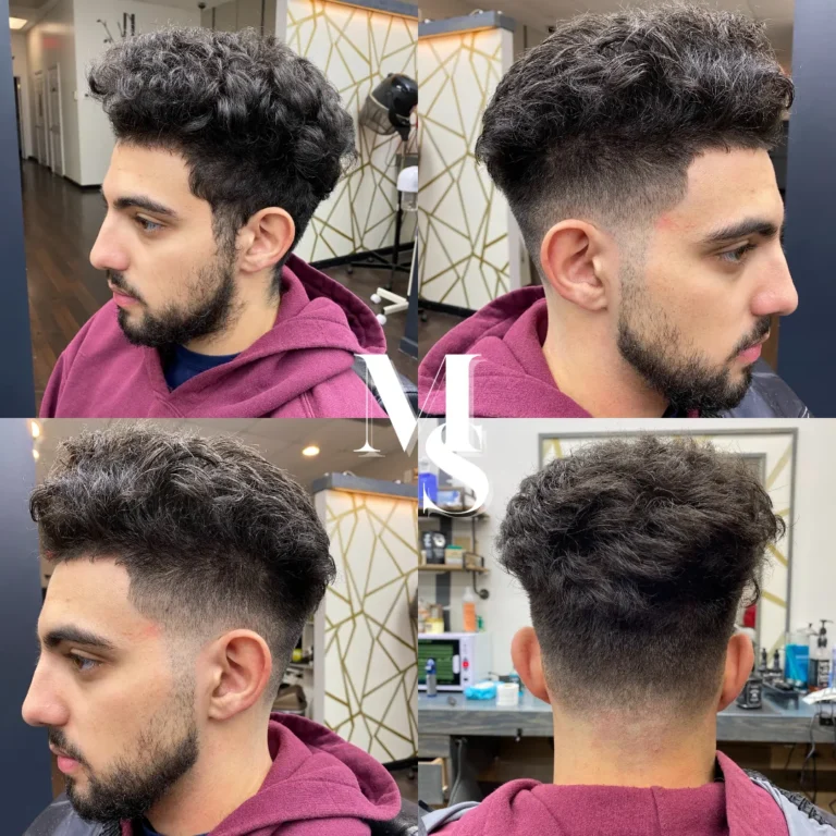 Four angles of the same curly haircut with a fade and a beard trim