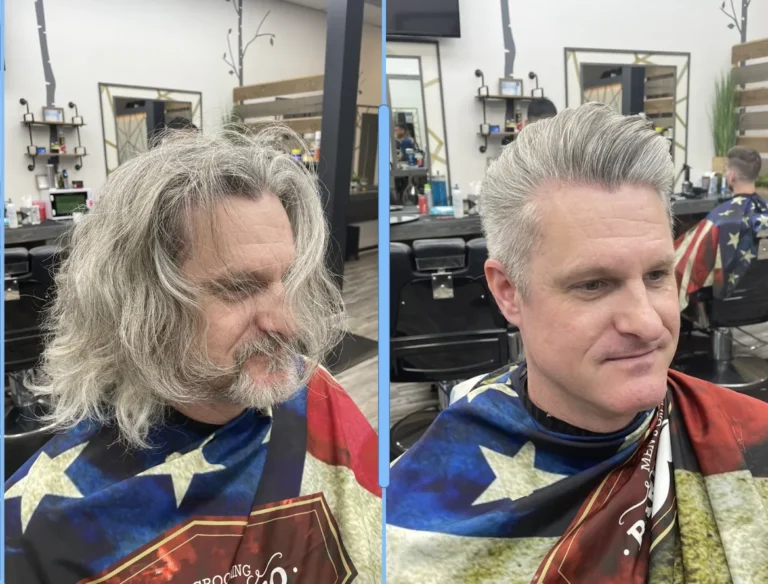 Before and after: long grey hair, then a styled pompadour and a beard trim
