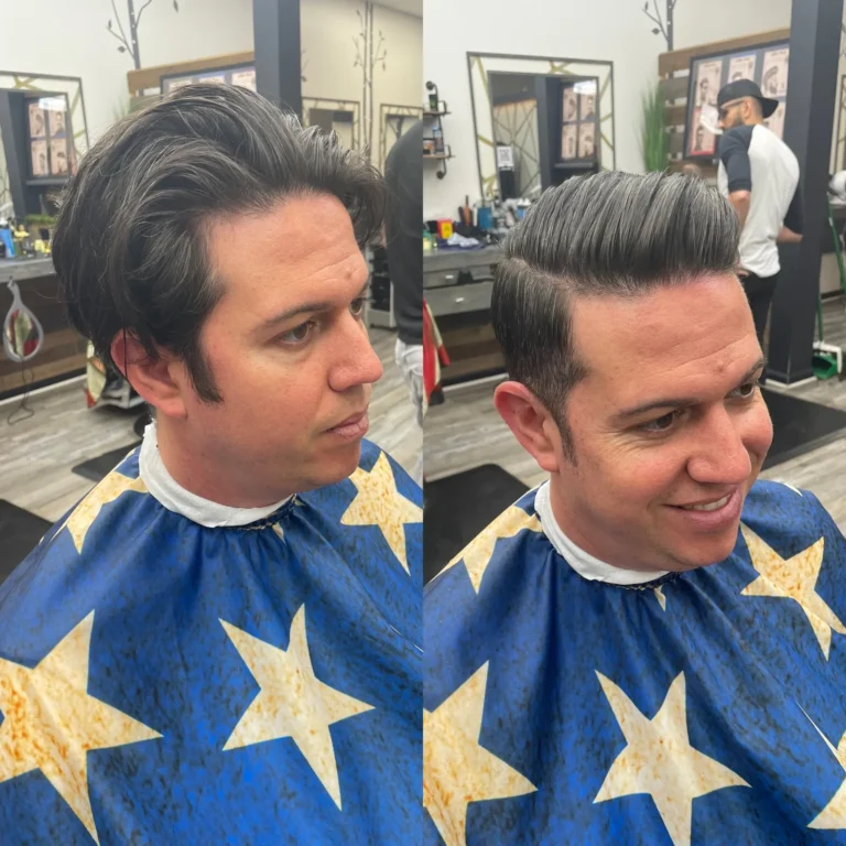 Before and after: a grown-out cut, then a pompadour with tapered sides