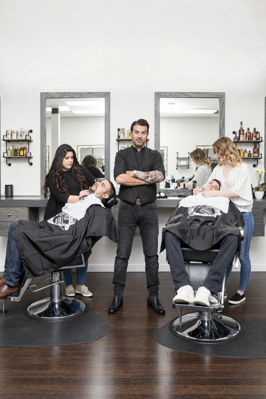 Gus Bukhari standing with his arms folded between two barber chairs at Milton Salon, a shave in progress on each side