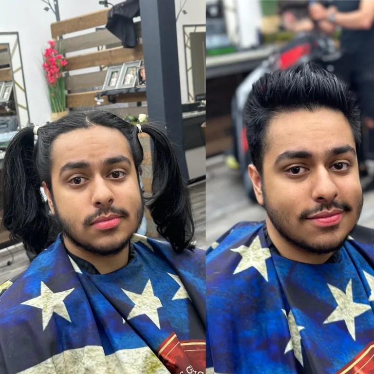 Before and after: long hair tied back, then a pompadour with a fade