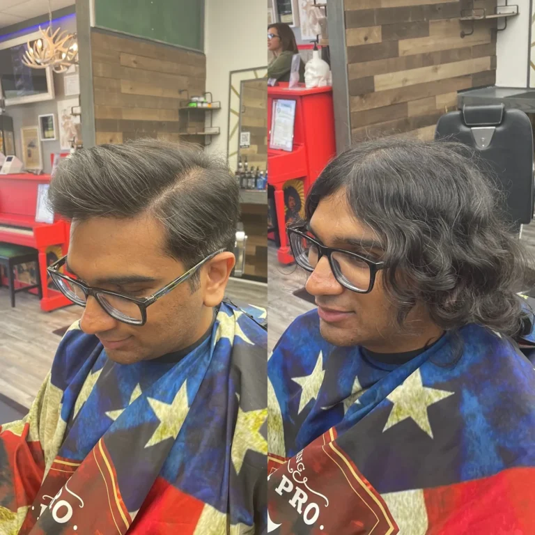 Before and after: long wavy hair, then a side part with tapered sides