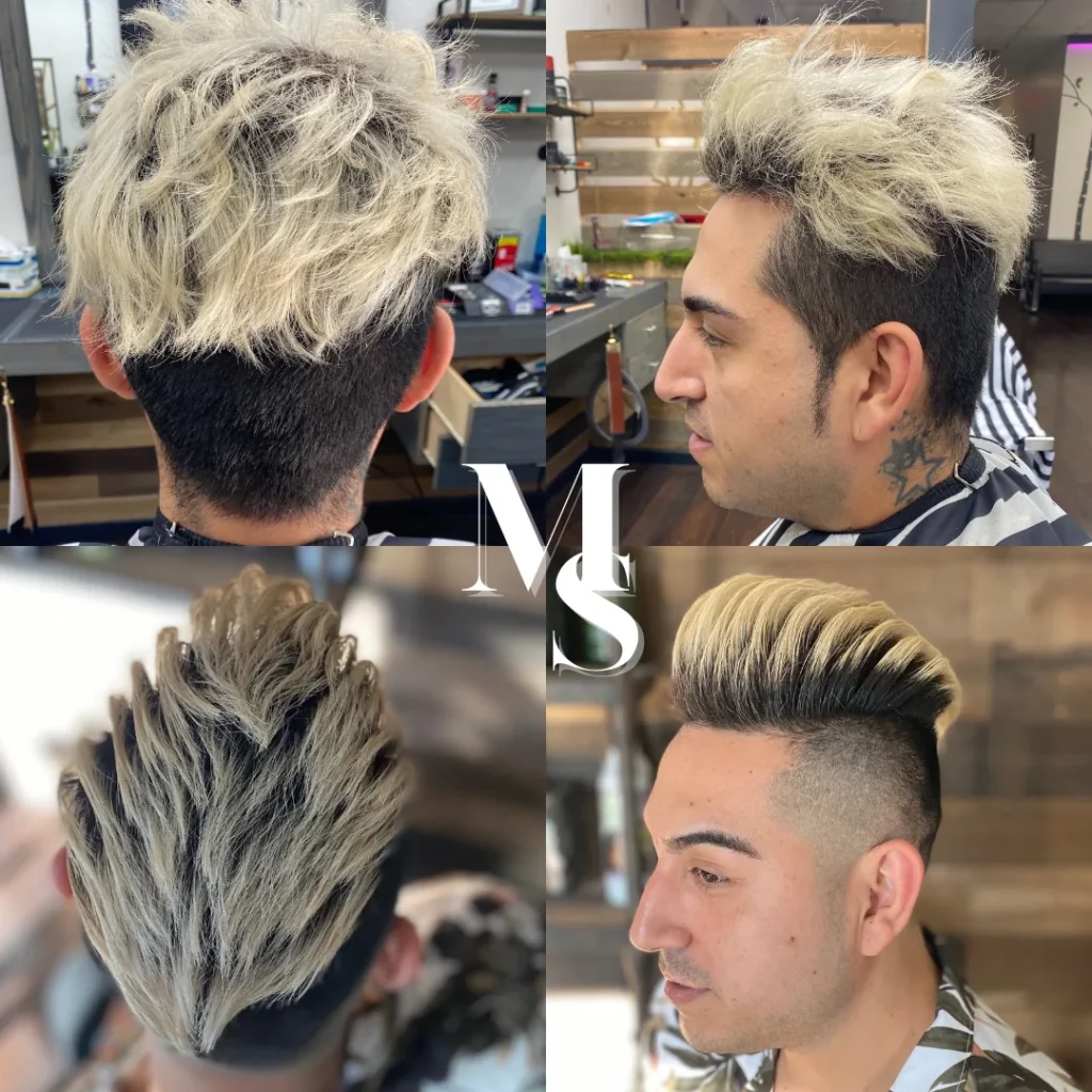 Four angles of a platinum blond textured cut with a fade