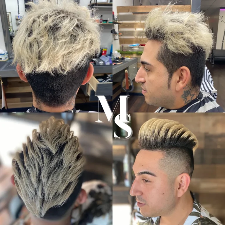 Four angles of a platinum blond textured cut with a fade