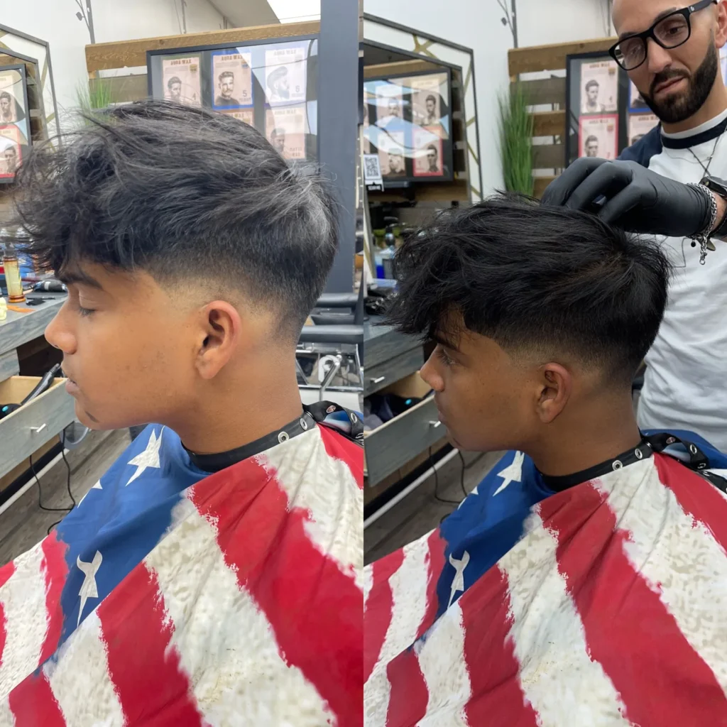 Before and after: a shaggy top, then a textured cut with a taper