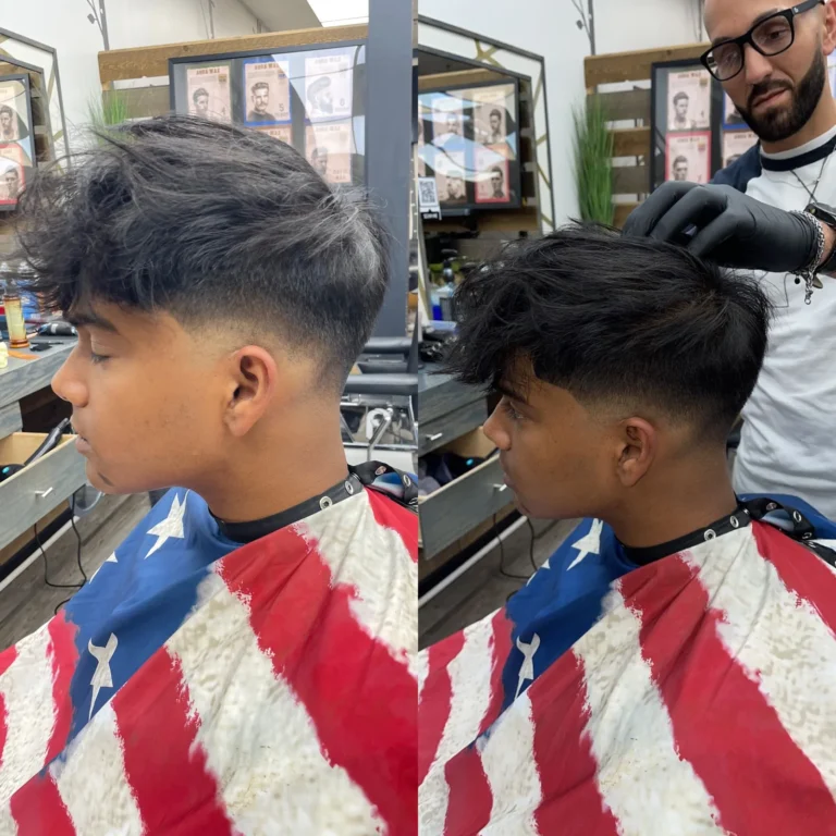 Before and after: a shaggy top, then a textured cut with a taper